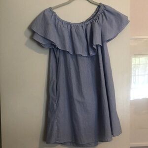 Zara off the shoulder blue and white striped ruffle dress with pockets. Size S